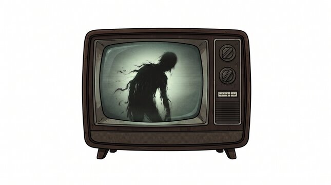 Vintage television displaying a shadowy silhouette figure on the screen with tv screen silhouette person retro television spooky tv classic television mystery figure scary broadcast analog
