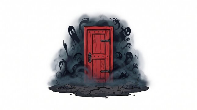 Mysterious red door surrounded by dark swirling smoke and spooky spirits with ghostly fog haunted door halloween background horror concept paranormal supernatural nightmare darkness isolated