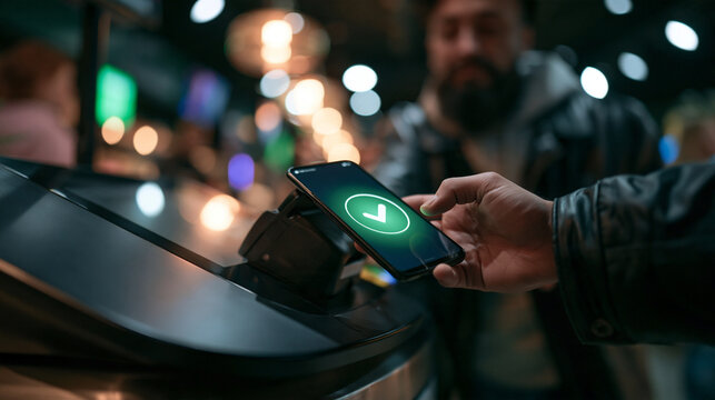 Customer Making Contactless Mobile Payment at Store Terminal