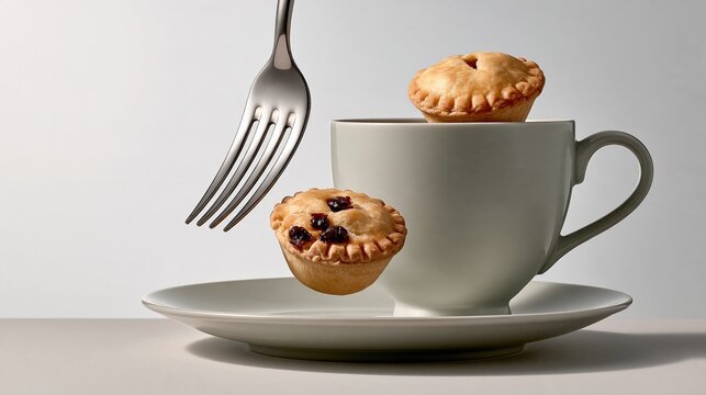 Humorous Christmas photo: a mince pie hiding behind a teacup on a plate trying to escape a fork, bright white background.