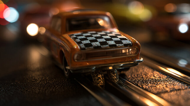 Miniature Vintage Slot Car on Racing Track
