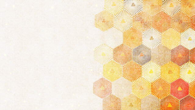 Elegant Japanese traditional background with golden hexagon chrysanthemum pattern and blank copy space on washi paper