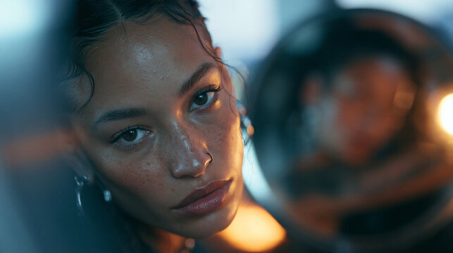 Cinematic Portrait of Beautiful Young Woman with Glowing Skin