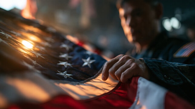 Soldier Hand Touching American Flag with Honor and Respect