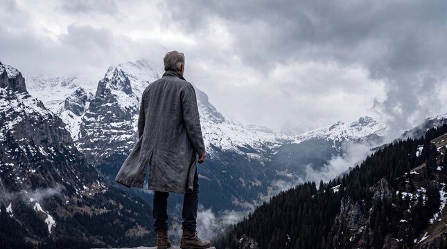 Man in Coat Looking at Snowy Mountain Range