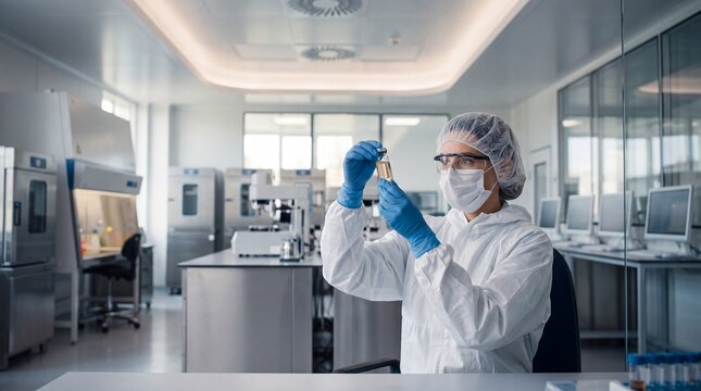 Scientist in Protective Suit Inspecting Vial in Modern Laboratory