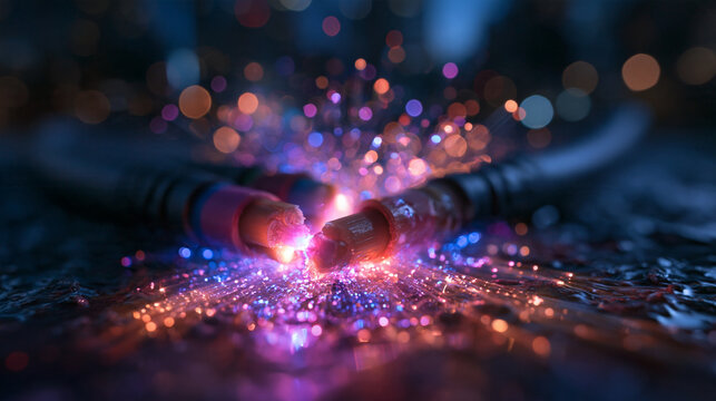 Fiber Optic Cable Disconnected with Glowing Light Sparks