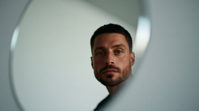 Portrait of Thoughtful Man Reflected in Round Mirror