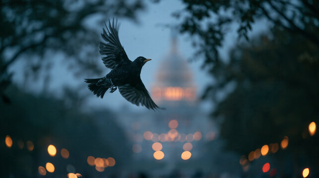 Bird Flying in Front of US Capitol Dome at Dusk