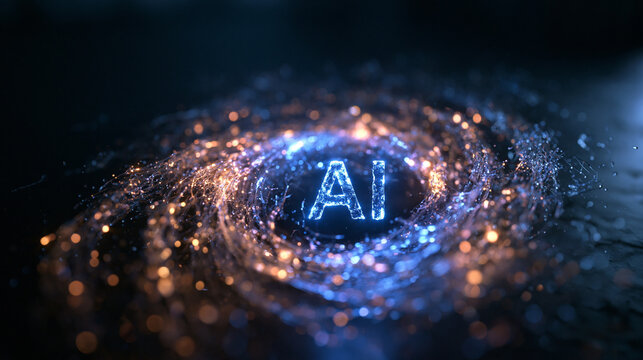 Glowing AI Letters in Futuristic Swirling Particle Vortex