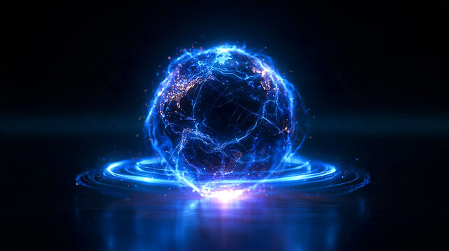 Digital Holographic Globe with Glowing Blue Electric Energy