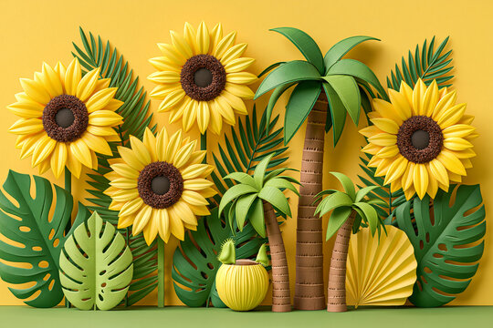 Tropical paper craft composition with yellow sunflowers and palm trees