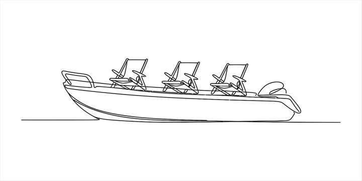 Continuous single line drawing of a small motor boat with three folding chairs for relaxing on the water