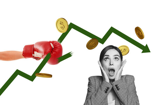 Composite photo collage of shocked girl open mouth hand boxer glove kick arrow down coin inflation bankrupt isolated on painted background