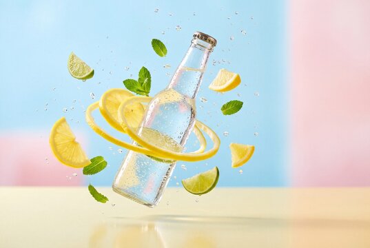 Refreshing citrus drink with floating lemon slices and mint on colorful summer background