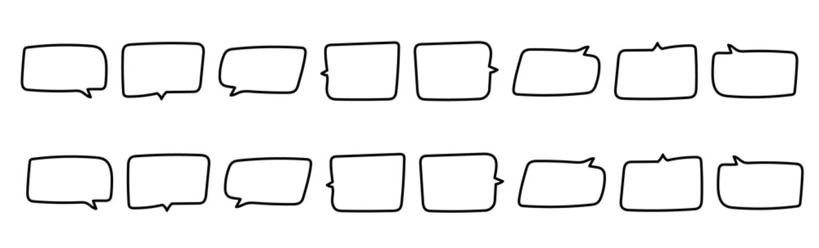 Set of hand-drawn square speech bubbles with black outlines&mdash;suitable for conversations, manga, frames, messages, comics, flyers, chat bubbles, etc