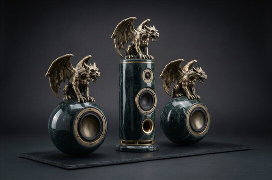 Luxury green marble audio system with three golden dragon gargoyle statues on dark slate board