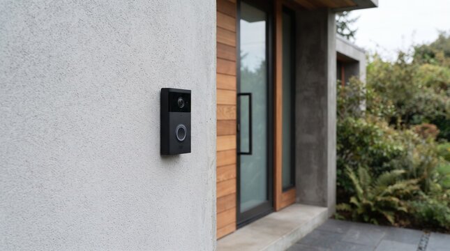Smart doorbell with camera on a modern textured wall next to a wooden door