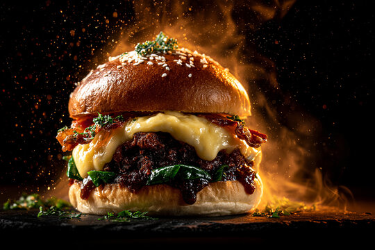 Gourmet grilled bacon cheeseburger served on a hot stone surface with flames