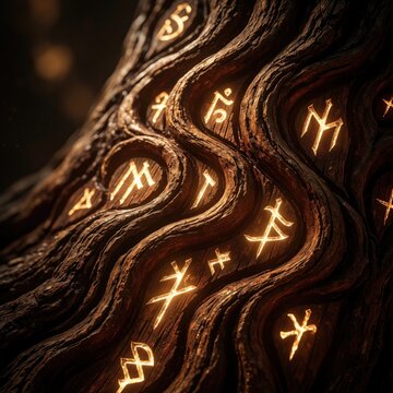 Mysterious glowing runes carved on dark old wood surface. Ancient magical symbols shine with warm light in deep grooves. Intricate wood carving texture shows mystical patterns, occult signs in dark