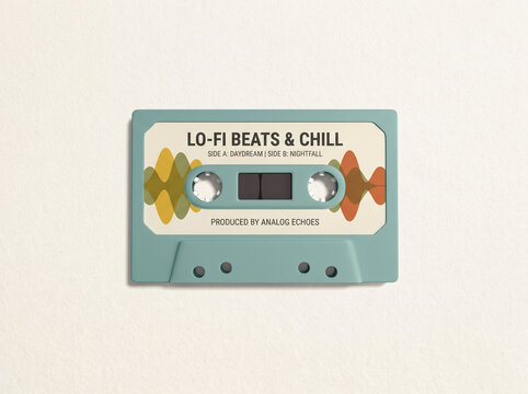 Vintage cassette tape with lo-fi beats and chill text labelVintage cassette tape with lo-fi beats and chill text label