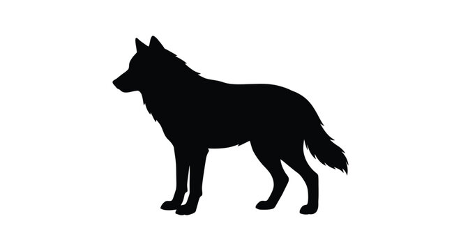 A black wolf silhouette stands prominently against a plain white background showcasing its canine form