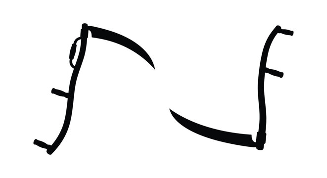 Two scythes with curved blades and wooden handles are presented as a black silhouette on white