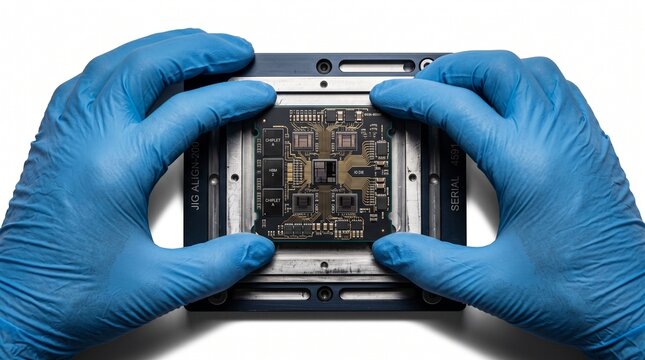 Gloved hands hold advanced chiplet CPU with integrated GPU for AI hardware assembly Chip and microchip production chain