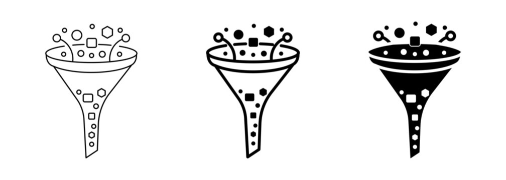 Big data processing funnel filter icons set