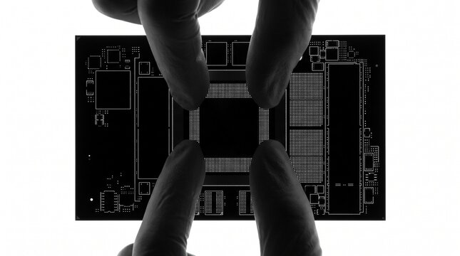Gloved Hands Manipulate Advanced Microchip Component on White Background Chip and microchip production chain