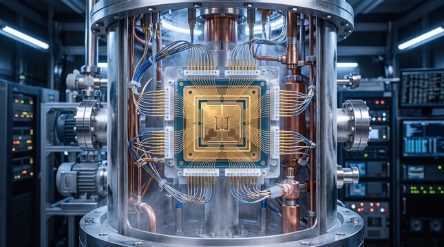 Quantum Computer Chip Inside Cryogenic Cooling Chamber Close-Up