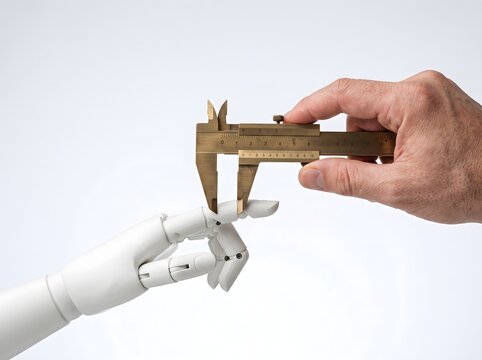 Human hand measuring a robot finger with a brass caliper, concept of precision engineering and robotics development
