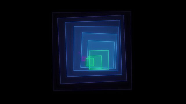 Abstract neon geometric cascade with shifting squares and vibrant colors in a looping widescreen animation