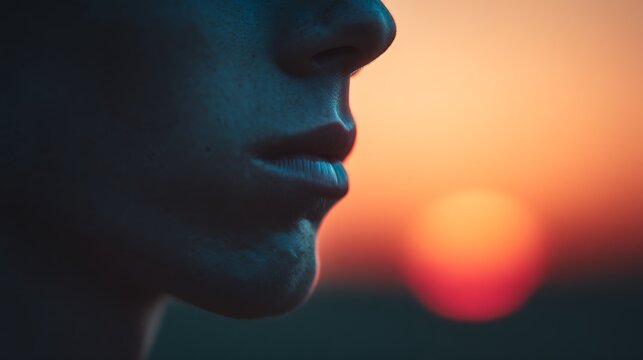 A close-up profile of a person's lips and nose against a blurred sunset background with warm orange and red tones.