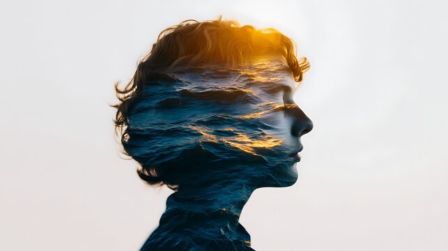 A double exposure image blending a woman's profile with a serene ocean scene at sunset, creating a contemplative and artistic visual.