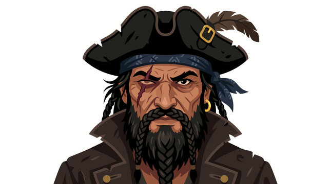 Pirate face vector pirate face illustration featuring a rugged captain with tricorne hat and braided beard