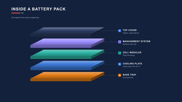 Inside an EV battery pack infographic with layered slab diagram