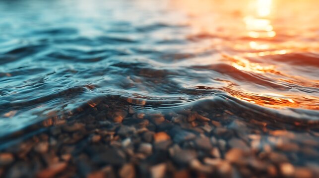 Close-up of gentle water waves over small pebbles with warm sunlight reflecting on the water surface during sunset or sunrise.