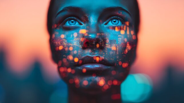 A close-up of a person's face with blue eyes overlaid by colorful city lights, blending human expression with urban nightscape reflections.