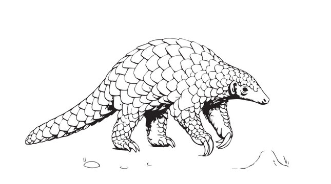 Detailed ink and pen illustration of a pangolin walking through a natural landscape