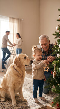 Grandfather and Toddler Granddaughter Decorating Together from Low Pet Level Perspective