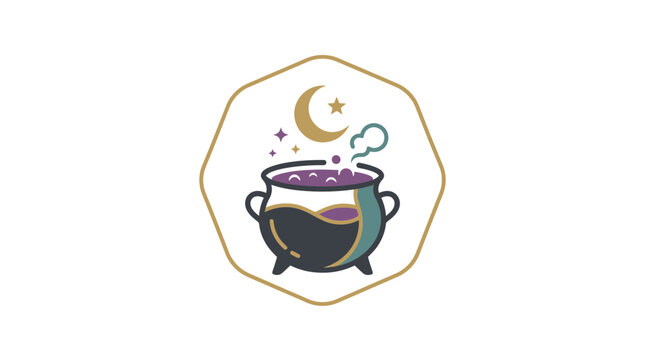 Bubbling magic cauldron inside a golden geometric frame.