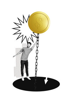 Template sketch image composite artwork collage of salary rich bank trade investment young guy hang hole hold chain coin arrow down