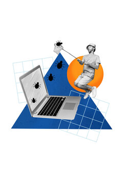 Composite trend artwork sketch collage of&nbsp;copyspace monochrome young man miniature hold net catch bug laptop remote spy&nbsp;espionage