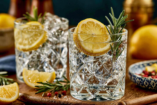 Two crystal glasses filled with refreshing gin and tonic garnished with lemon