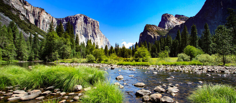 Scenic Valley View of Merced River, El Capitan and Cathedral Rocks in Yosemite National Park	
