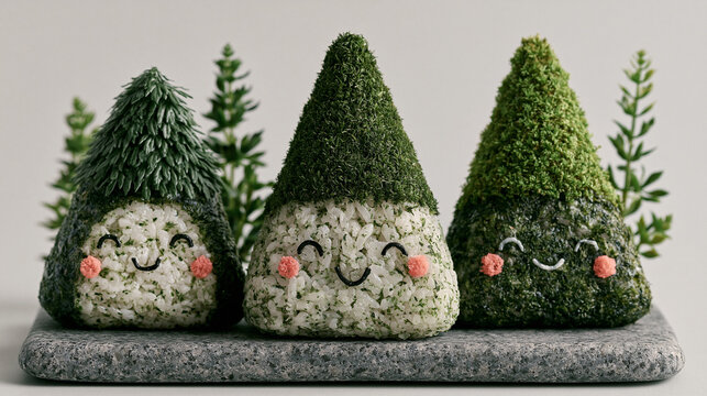 Three cute rice balls decorated with green seaweed to resemble little pine trees