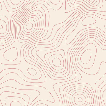 Seamless classic topographic contour pattern, cherry cream abstract map line background