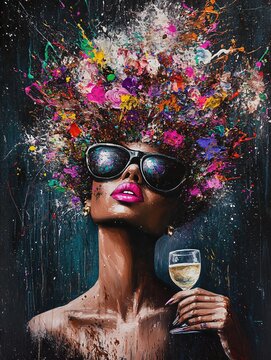 High fashion editorial portrait painting of an extravagant elegant woman beautifully integrated with vibrant colorful flower prints surreal krakelee textuurs and conceptual dream styling
