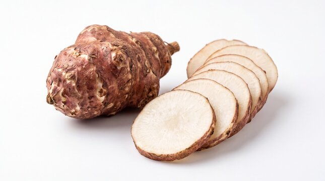 Jerusalem artichoke tuber whole and sliced arrangement photographed in bright studio lighting on white background
